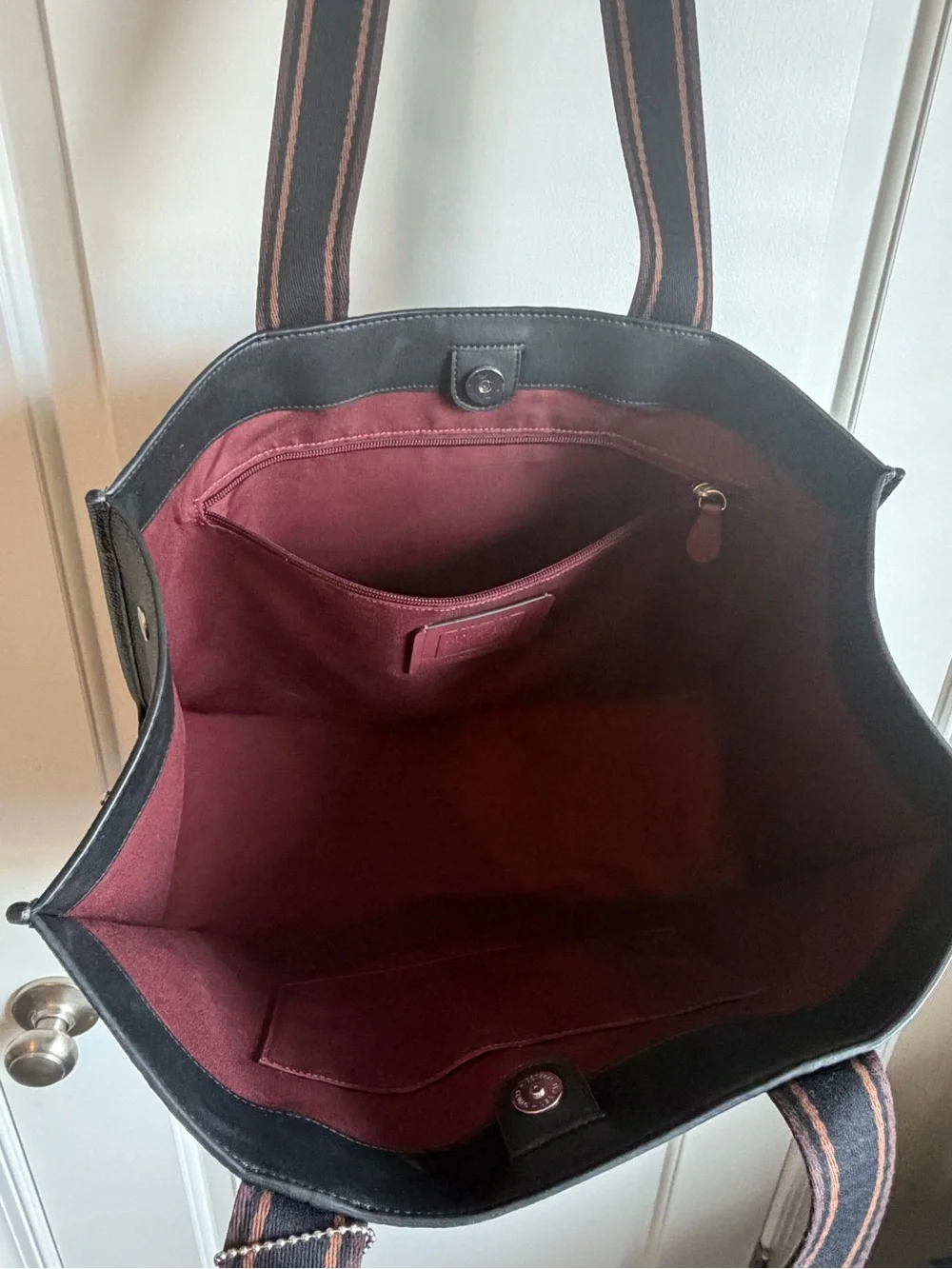 Coach Black Pebbled Leather Messenger Tote with Burgundy Branded Straps